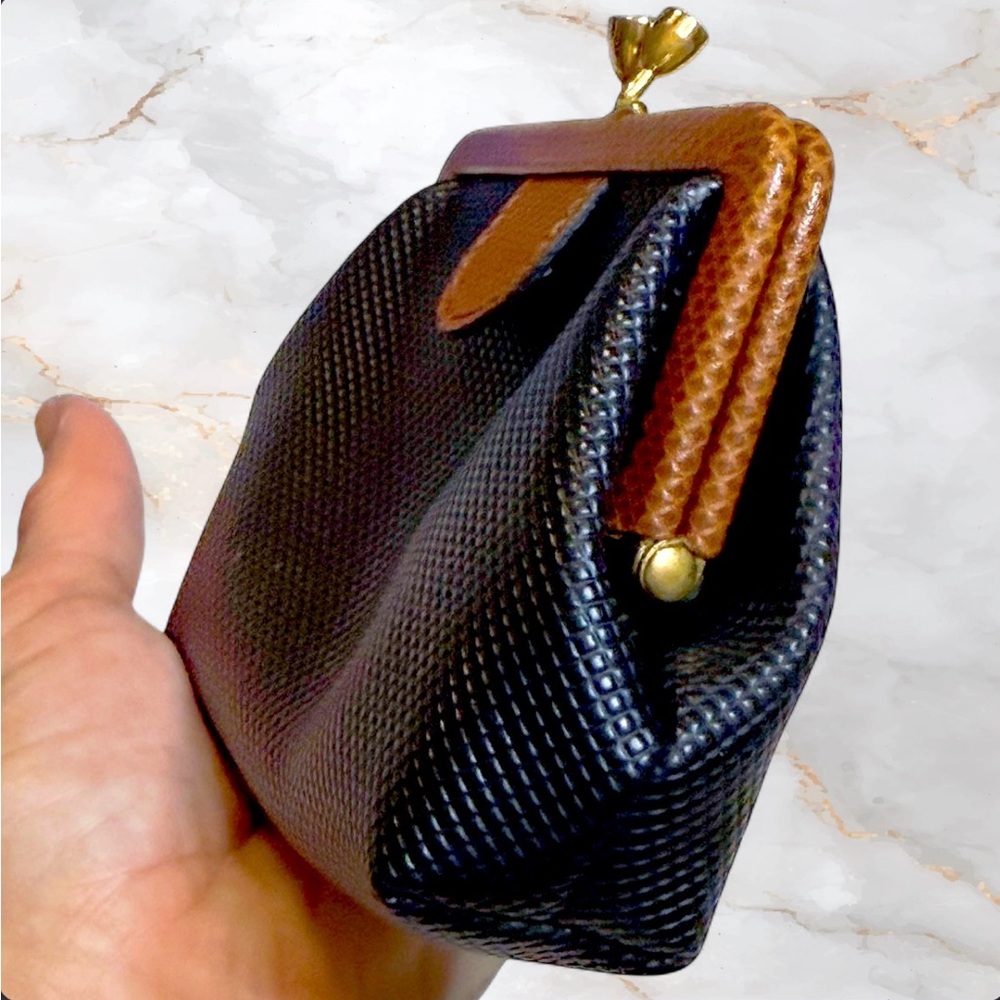 Vintage Bottega Veneta Lizard Skin & Black Leather Kiss Lock Small Clutch EUC - Picture 6 of 8